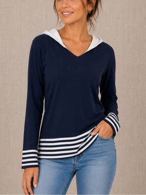 La Madona Navy and White Striped Women's Hooded Sweater Top